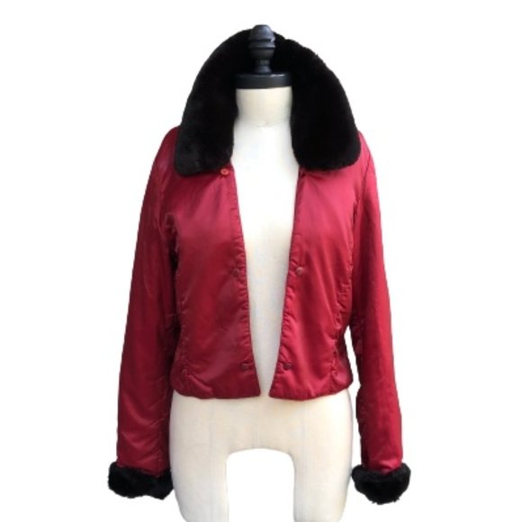 Danier Red Cropped ThemoLite Jacket Liner Bomber Black Faux Fur Collar Cuffs S/M - Picture 4 of 17